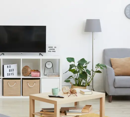 Renters insurance protects your property Living room with furniture and electronics