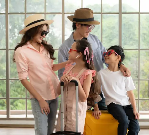 Comprehensive travel insurance coverage Family on vacation with luggage