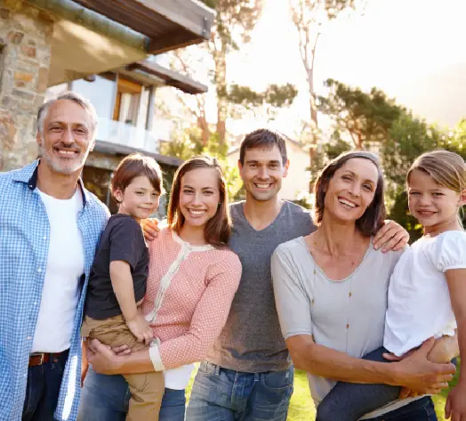 Protect your home with umbrella insurance Happy family standing outside home